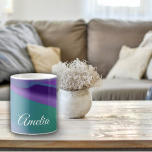 Mug Violet bleu turquoise à vague minimaliste avec nom