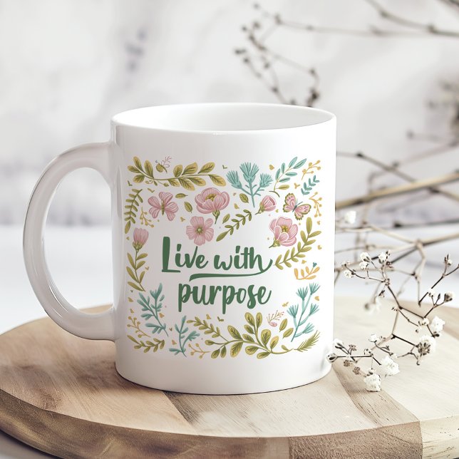 Mug "Vis avec but" Boho Fleurs sauvages neutres ("Live with Purpose" Boho Neutral Wildflowers Coffee Mug on a boho kitchen table with dry flowers)