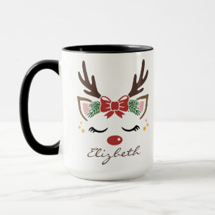 Mug Visage de Renne Féminin Nom Personnalisé Noël