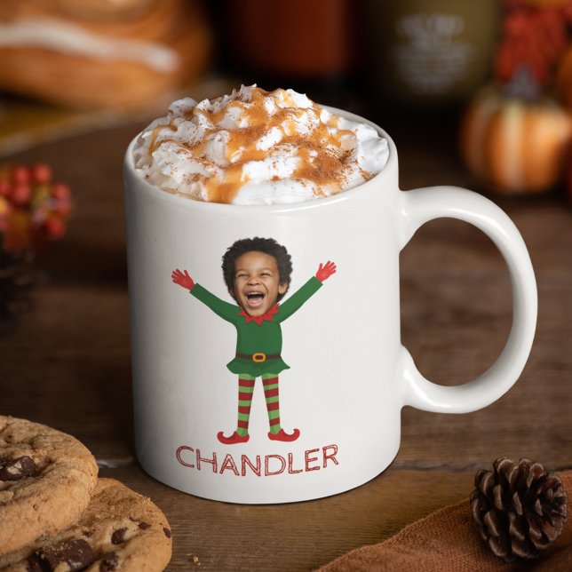 Mug Visage et nom de l'enfant Elf Christmas Drôle cade (Elf Face Photo and Name Custom Personalized Funny Christmas Mug)