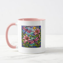 Vitraux Fleurs de Lys et Libellules Rose