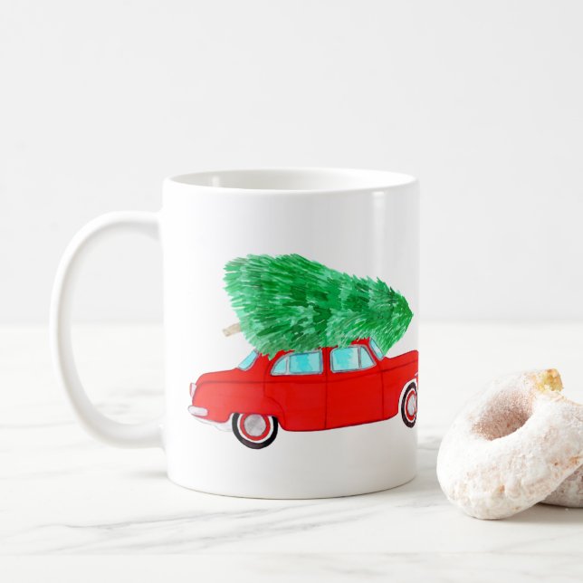 Mug Voiture rouge avec arbre de Noël Aquarelle (Avec donut)