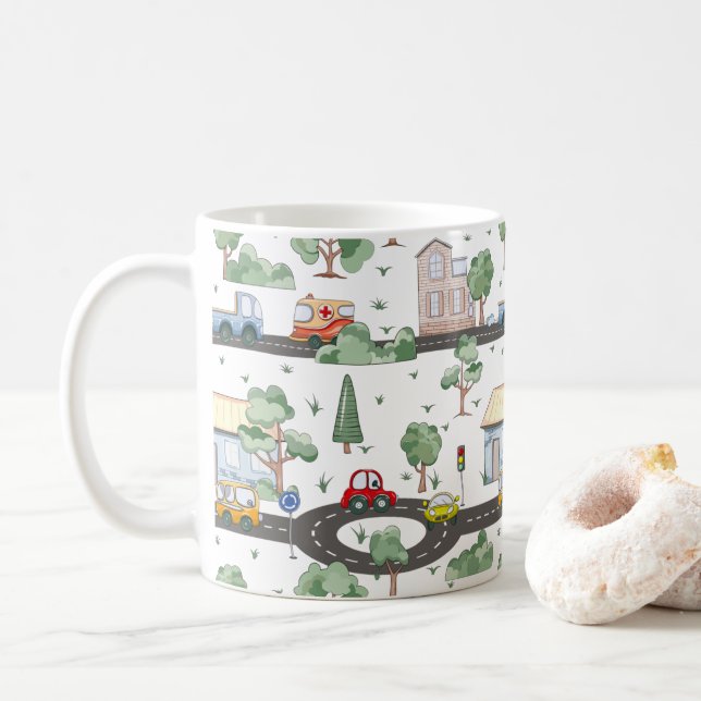 Mug Voitures mignonnes en Ville Motif pour petits garç (Avec donut)