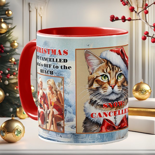 Mug Vos Photos Drôle Chat Noël Annulé (Funny watercolor Santa off to the beach Christmas mug - or add your own photos!)