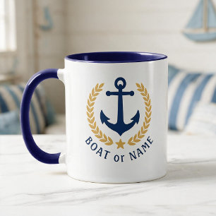 Mug Votre bateau ou nom Ancre Style Or Laurier Bleu