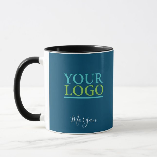Mug Votre logo/Art/Photo, Nom Script blanc, Ocean Blue (Gauche)