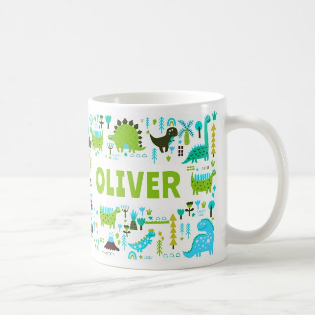 Mug Votre nom personnalisé Enfants Bleu Vert Vert Dino (Droite)