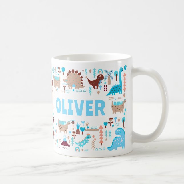 Mug Votre nom personnalisé Kids Cute Blue Brown Dinosa (Droite)