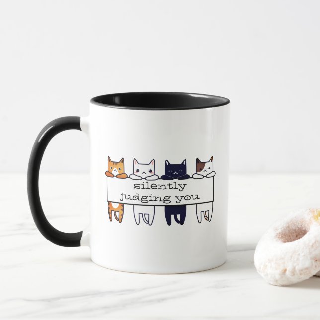Mug "Vous jugez en silence" chats kawaii pendus (Avec donut)