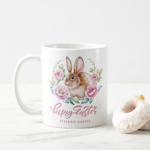 Mug Watecolor Rabbit et Fleurs roses heureux Pâques