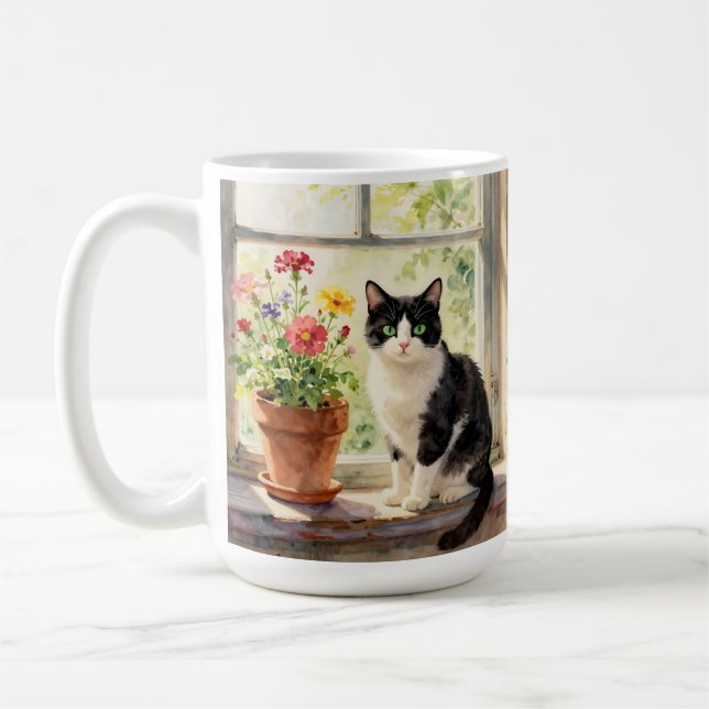 Mug Watercolor Cat, Flowers and Poem (Gauche)