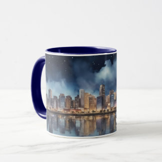 Mug Watercolor City Night Vue avec lac