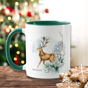Mug Watercolor Deer Stag Winter Floral Nom personnalis