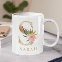 Watercolor Floral & Gold Letter S monogram