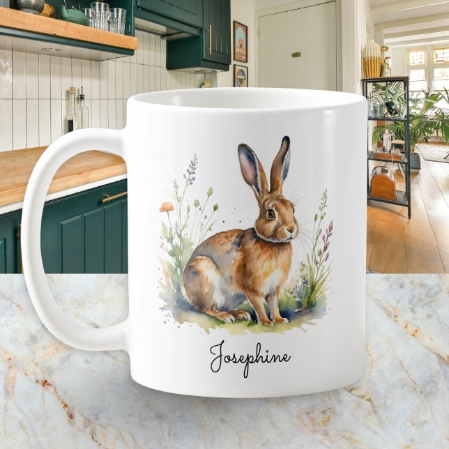 Mug Watercolor Hare Country Wildlife Personalized (A personalized coffee mug, featuring a picture of a hare with meadow flowers in a watercolor style)