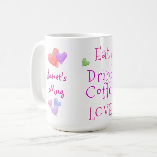 Mug Watercolor Hearts EAT Drink Coffee LOVE (Devant gauche)