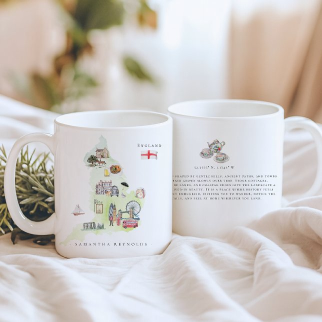 Mug Watercolor Illustrated Map England | Monogram (Créateur téléchargé)