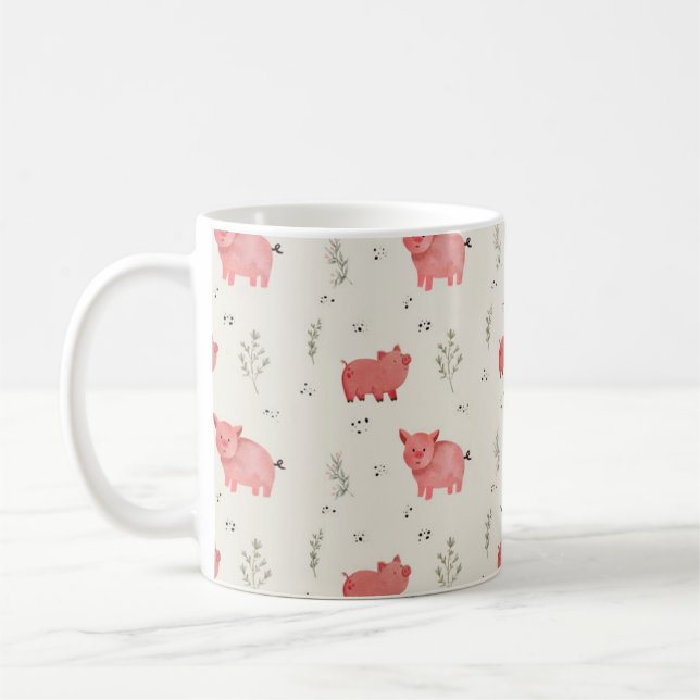 Mug Watercolor Pigs And Flowers Seamless Pattern (Gauche)