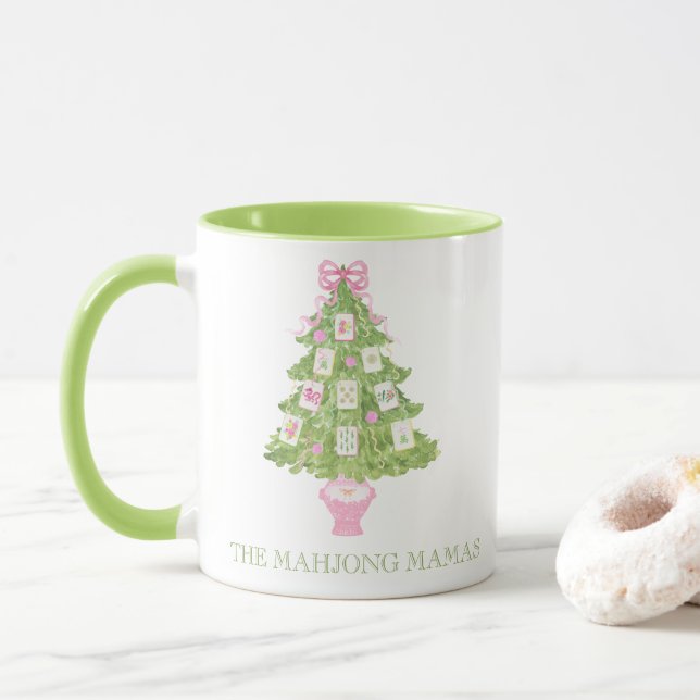 Mug Watercolor Pink Mahjong Christmas Tree Party (Avec donut)