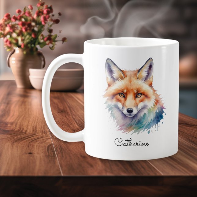 Mug Watercolor Red Fox Wildlife Animal Personalized (A mug with red fox illustration in a watercolor style, personalized with a name in script typography)