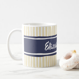 Mug Wavy Painterly Stripes Navy and Cream With Name