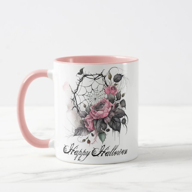Mug Web gothique Spider avec Rose | Halloween rose (Gauche)