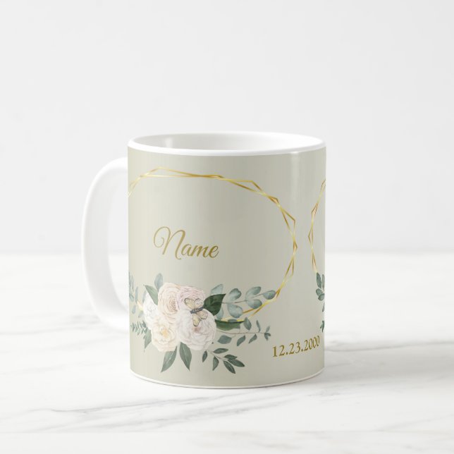 Mug Wedding Greenery Leaves Pink Floral Gold Geometric (Devant gauche)