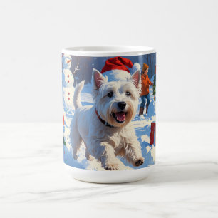 Mug Westie courant dans la neige avec un chapeau de No