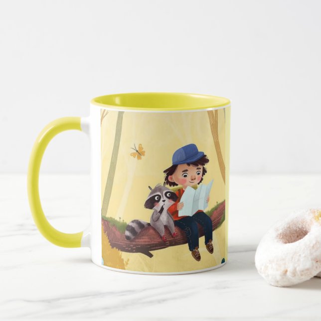 Mug Whimsical Adventure – Boy and Raccoon in the Fores (Avec donut)