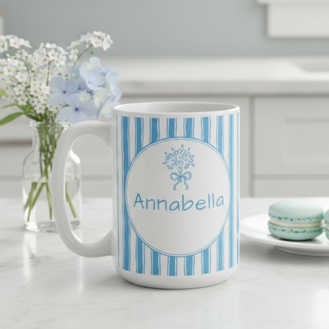 Mug Whimsical Blue White Stripe Preppy Monogram (Créateur téléchargé)