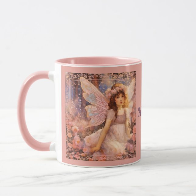 Mug Whimsical Fairy in Dreamy Pink Floral Garden (Gauche)