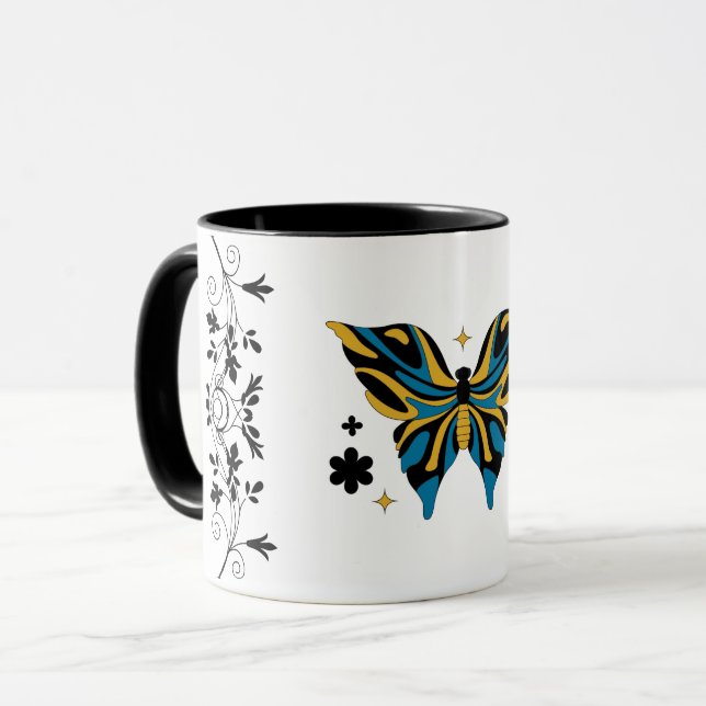 Mug Whimsical Fluttering – Blue Butterfly Floral Art (Devant gauche)