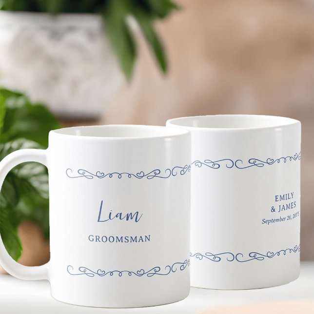 Mug Whimsical Heart Doodle French Blue Wedding Party (Groomsman gift mug - customize to any color or for anyone in your wedding party)