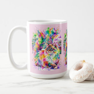 Mug Whimsical Rainbow Watercolor Fluffy Cat in Winter 