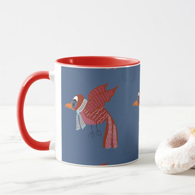 Mug Whimsical winter bird with scarf (Avec donut)