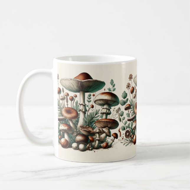 Mug Whispering Woods : Motif de champignons sans soudu (Gauche)
