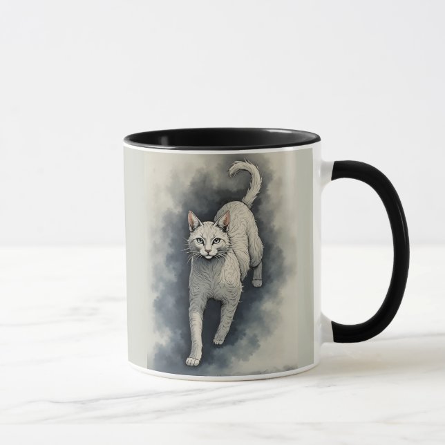 Mug White Cat in a Chinese Ink Drawing Style (Droite)