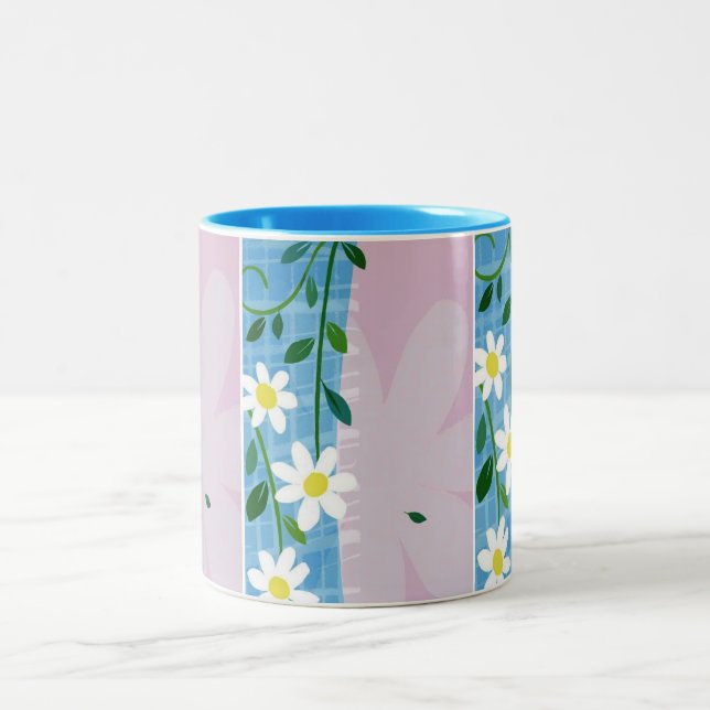 Mug-White Daisy on Blue & Lavender Design Two-Tone Coffee Mug (Center)