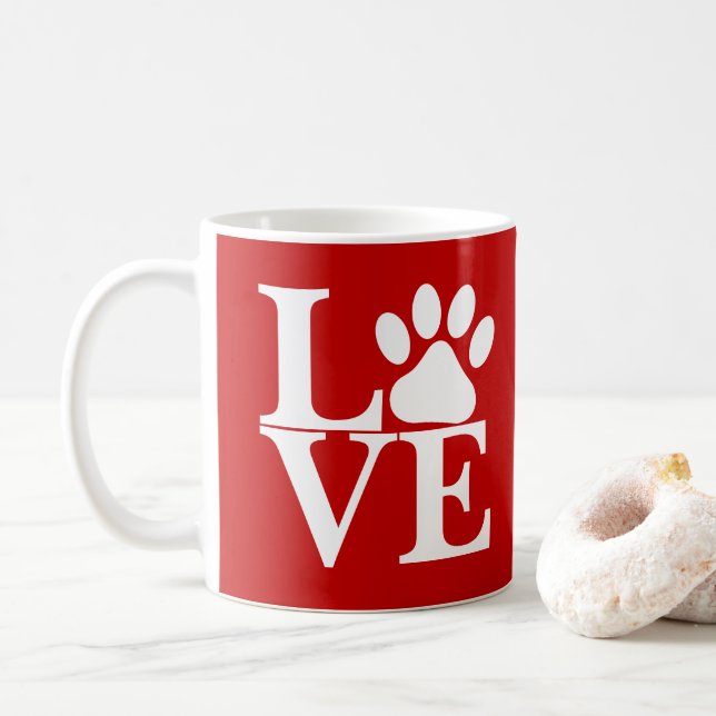 Mug White LOVE Word Chien Paws Motif sur Red Arrière - (Avec donut)