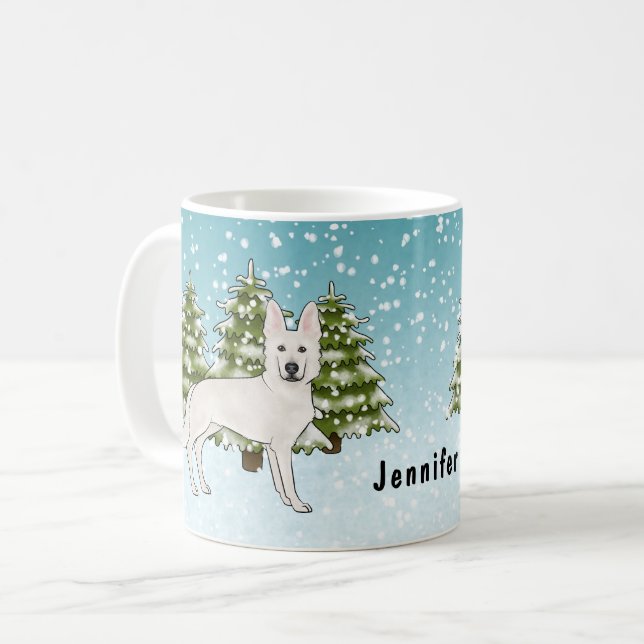 Mug White Swiss Shepherd White GSD Chien Forêt d'hiver (Devant gauche)