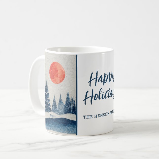 Mug Winter Landscape Forest Moon Navy Blue Drawing  (Devant gauche)