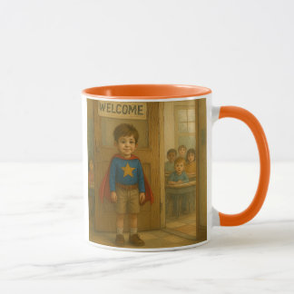Mug with a boy dressed up as a hero.
