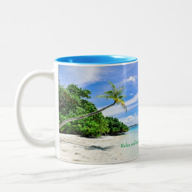 Mug with blue interior & tropical print (Left)