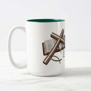 MUG WITH CROSS  AND BIBLE    GREEN &  WHITE