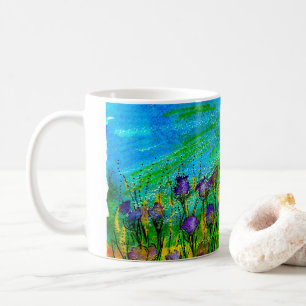 Mug with handpainted surreal purple flowers