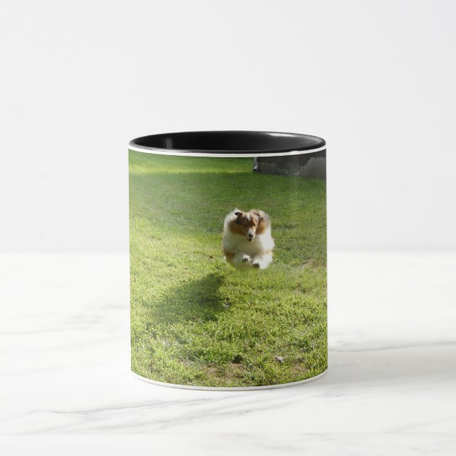 Mug with original photo of leaping Sheltie (Center)