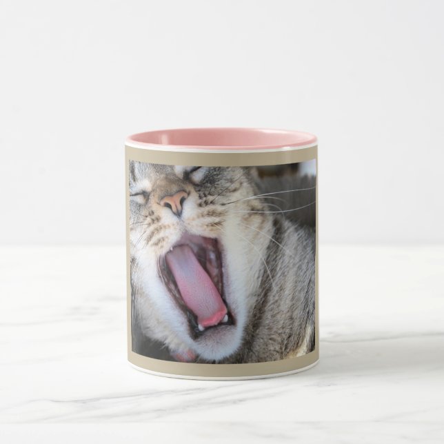 Mug with photograph of a tabby cat yawning (Center)