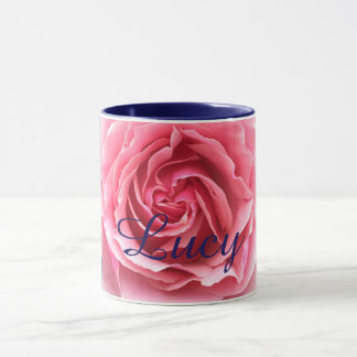 Mug with pink rose with blue trim