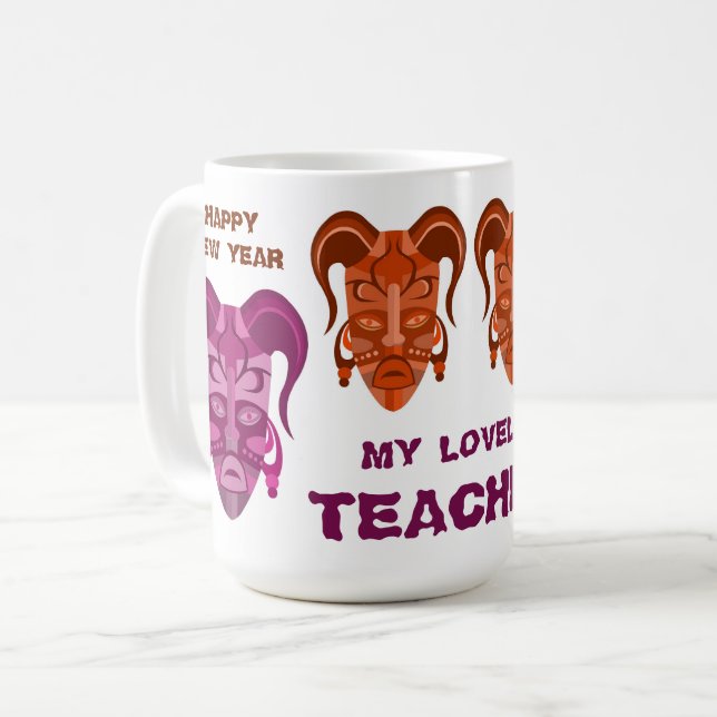 MUG WITH TARDITIONAL MASK ART FOR TEACHER (Front Left)