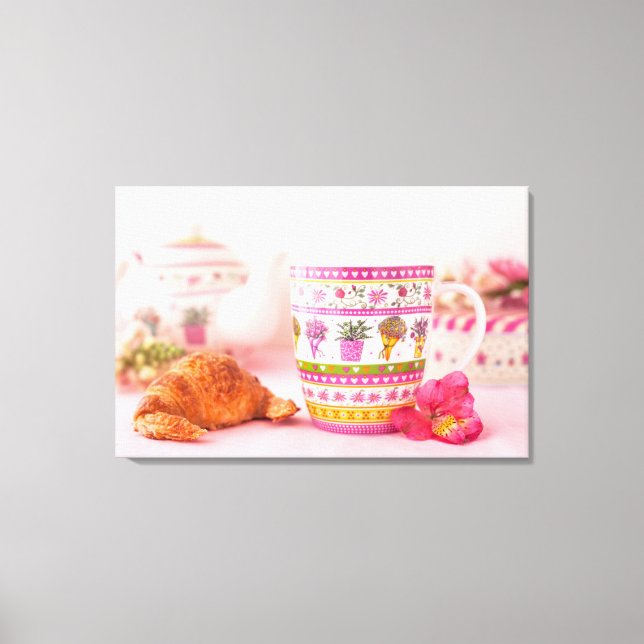 Mug With Tea, Croissant And Flower Canvas Print (Front)